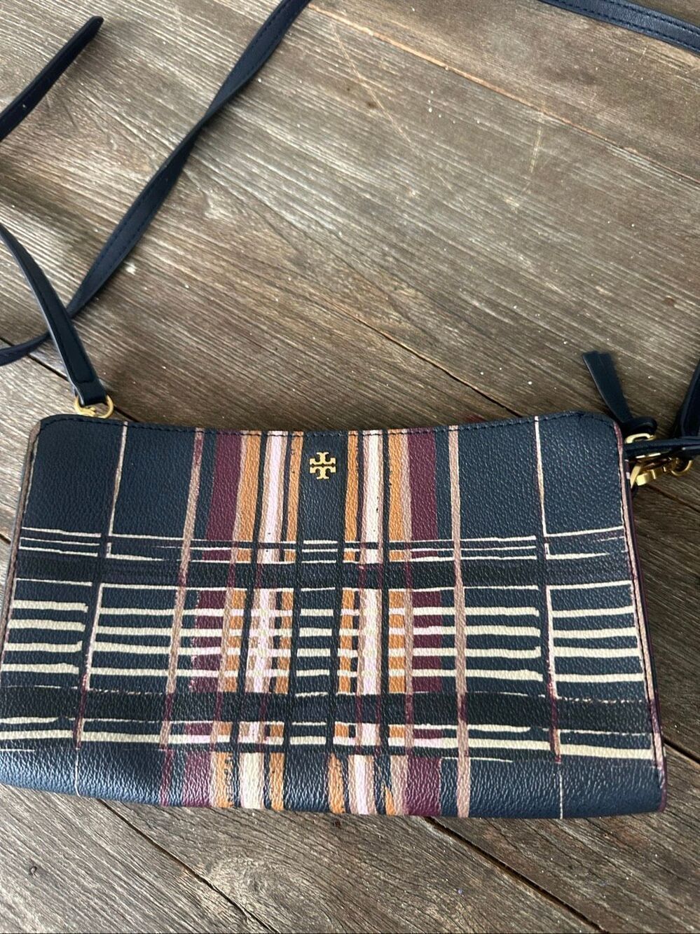 Tory Burch Kerrington Plaid Crossbody Clutch Bag Navy Multicolor Zip Top Purse